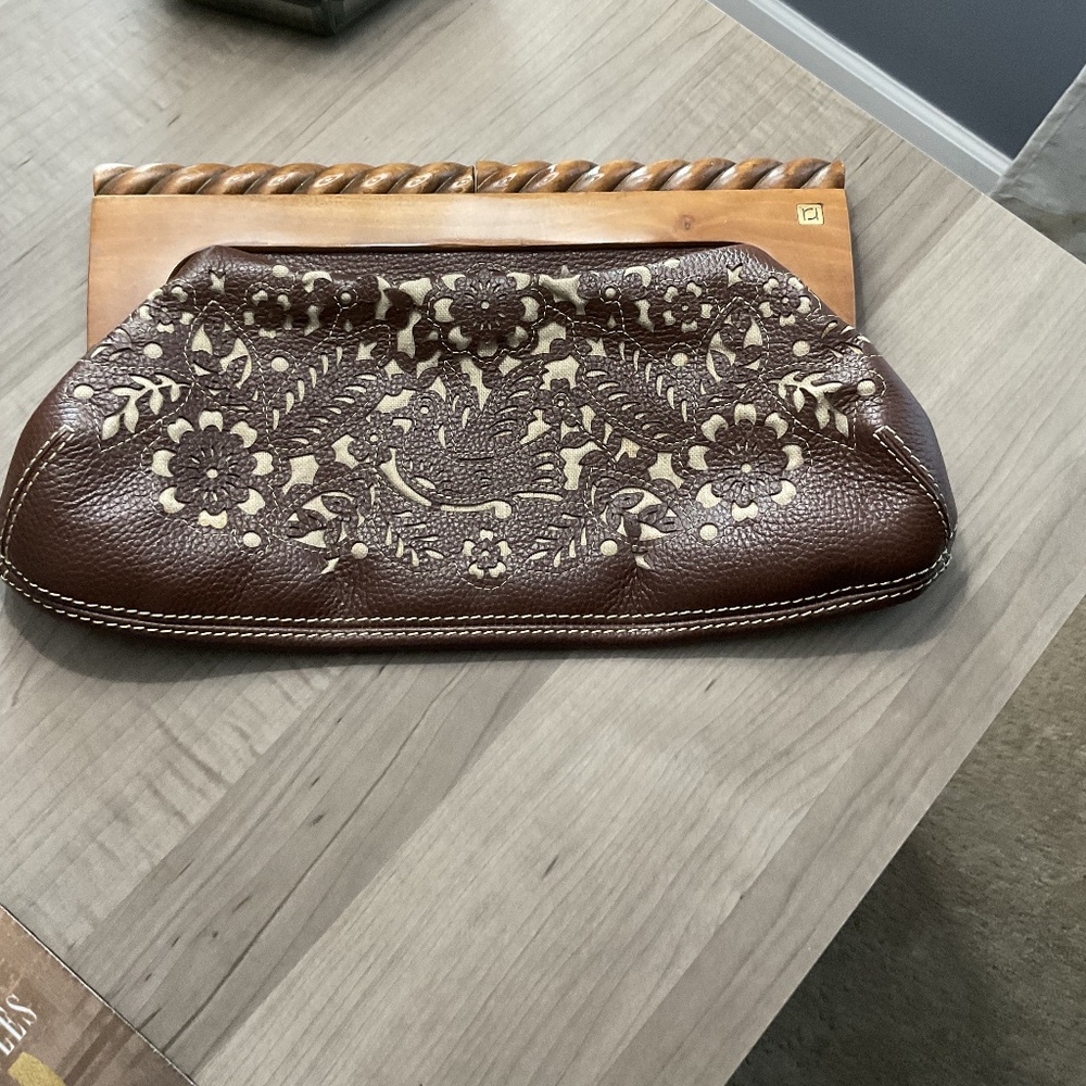 Rafe New York Wood Trim Floral Laser Leather Cut in Brown